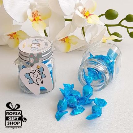 گیفت بطری ابنبات ّآبی با قد 5.5 کف 4.5 سانت تم دندونی